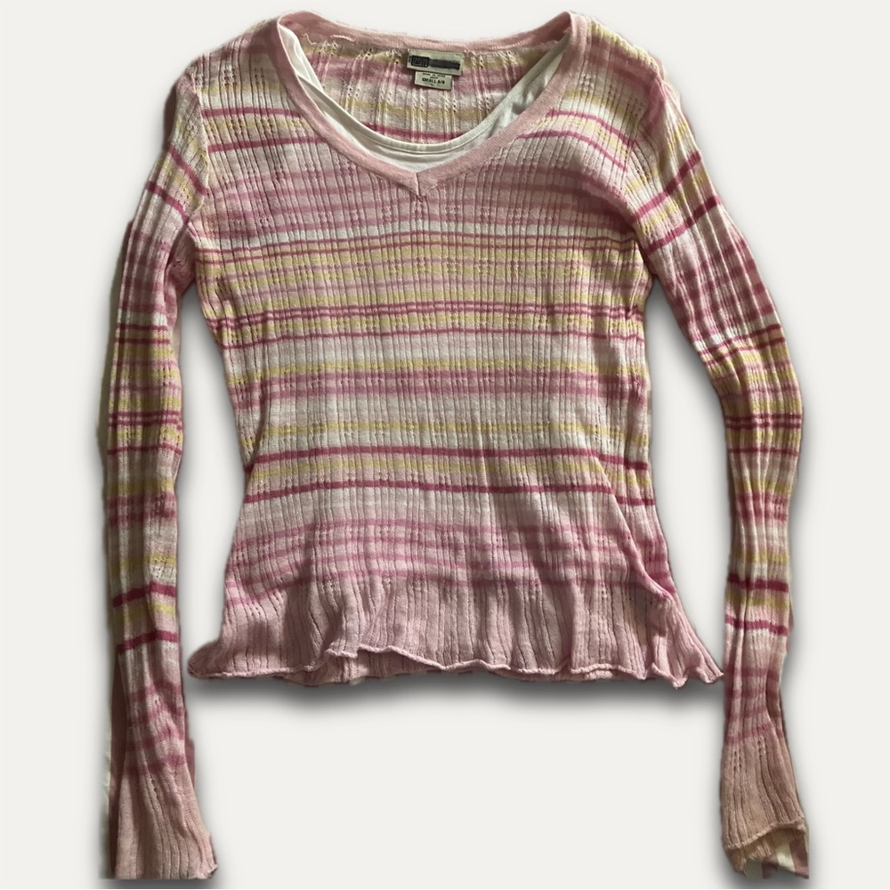 (SOLD ON DEPOP) Faded Glory Pink and Yellow Striped Long Sleeve Top
